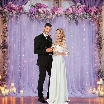 20x10ft Purple Tulle Backdrop Curtain with Lights String for Parites, Sheer Backdrop Curtains for Wedding Baby Shower Birthday Party Photo Shoot Decorations