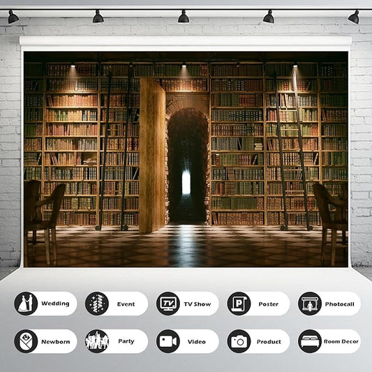 Bookshelf Backdrop Vintage Bookcase Old-Fashioned Library Room with Books Photography Background Magic Books Ancient Library for Book Theme Party Decorations Birthday Photoshoot Props 10x6.5ft