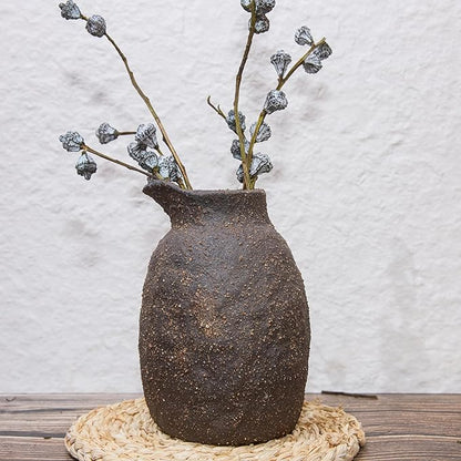 Rustic Ceramic Vase Vintage Farmhouse Style Decor, Frosted Texture Pottery for Home Decor, Modern Living Room, Office Desk Table Centerpiece (Brown) 7IN