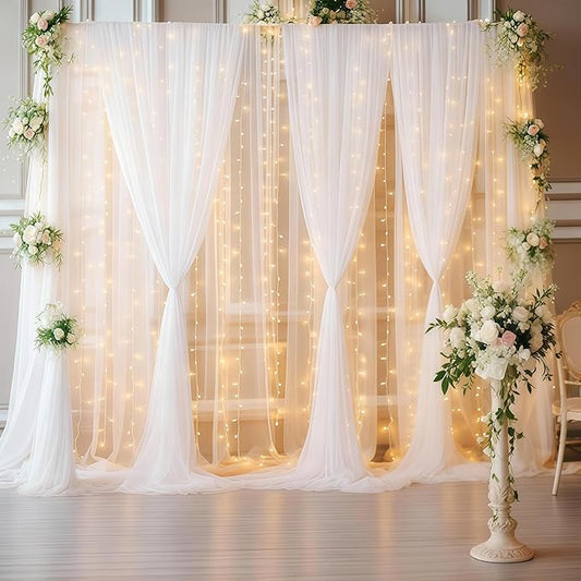 30ft x 10ft White Backdrop Curtain with Lights for Parties, Sheer Wedding Photo Backgrounds Tulle Drapes for Baby Shower Birthday Party Decorations Backdrop for Photography