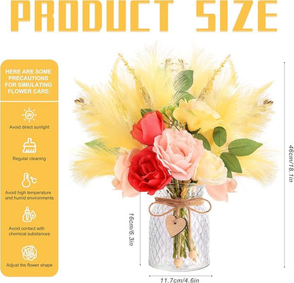 Artificial Flowers with Vase Centerpiece Table Decorations for Dining Room Farmhouse Living Room Table Centerpieces Decor Fake Silk Rose Bouquet in Glass Vase for Centerpiece Home Coffee Table Decor