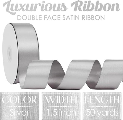 MEEDEE Silver Satin Ribbon 1-1/2 Inch Silver Ribbon Lux Double Faced Satin Ribbons by 50 Yards Polyester Satin Ribbons for Crafts, DIY Crafts, Weddings, Flower Bouquet, Holiday Decorating