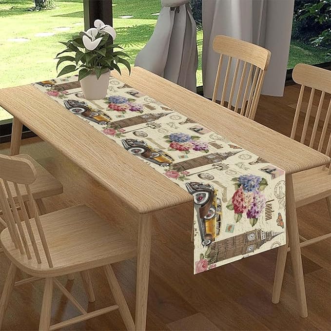 British Table Runner, Seasonal Vintage Floral England London Culture Element Coffee Table Center Decor for Home Kitchen Dining Patio Holiday Party Table Decorations 13x108 inches