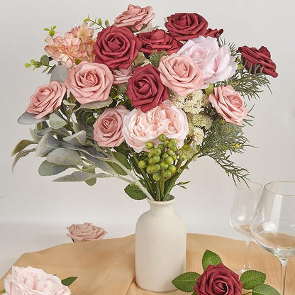 Artificial Flowers, 50pcs Hot Pink and Blush Artificial Rose for DIY Wedding Bouquets Centerpieces Arrangements, Fake Flower with Stem for Party Home Decorations