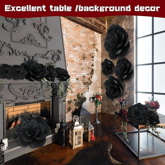 Giant Paper Flowers Artificial Large Paper Flower Decoration for Handcrafted Wall Backdrop Christmas Mexican Wedding Graduation Bridal Shower Birthday Party Supplies(Black,12 Pcs)