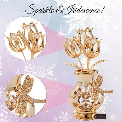Matashi 24K Gold Plated Crystal Flower Vase with Dragonfly Figurine – Beautiful Home Décor – Ideal Christmas, Valentine’s for Women, Mom, or Friends