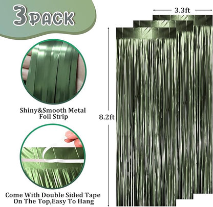 3 Pack 3.3 x 8.2 ft Matte Green Foil Fringe Backdrop Curtains, Tinsel Streamers Party Decorations, Fringe Backdrop, Door Shimmer for Graduation, Birthday Party