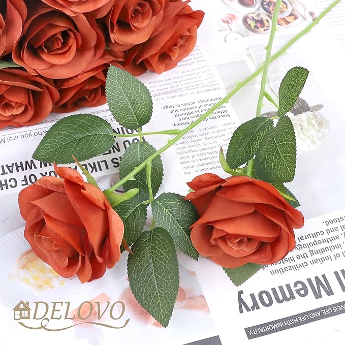 52pcs Burnt Orange Roses Artificial Flowers Fake Flowers Silk Roses with Stems for DIY Wedding Bouquets Bridal Shower Centerpieces Arrangements Party Decorations
