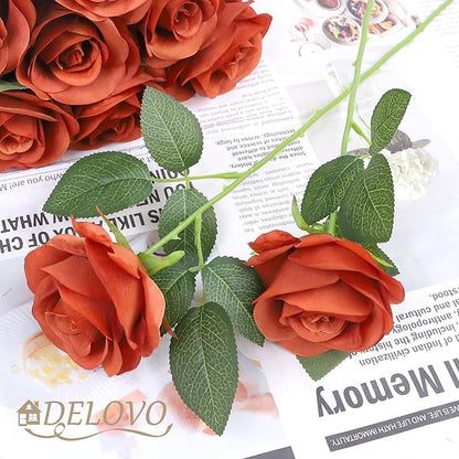 52pcs Burnt Orange Roses Artificial Flowers Fake Flowers Silk Roses with Stems for DIY Wedding Bouquets Bridal Shower Centerpieces Arrangements Party Decorations