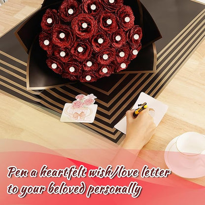 25 Pcs Red Glitter Roses Bouquet,DIY Artificial Bouquet of Shiny Red Faux Rose Flowers Bouquet with Stem Pearl Crown for Wedding Bouquet Centerpiece Floral Arrangement Bride Shower Party Home Decor