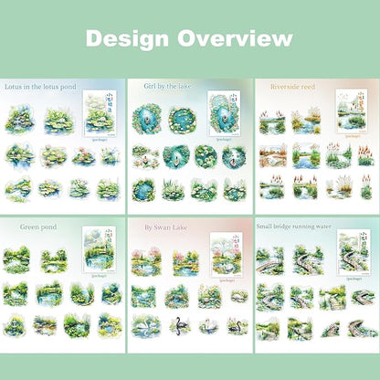 60Pcs Pond Scenery PET Stickers, Nature-Themed Scrapbooking Supplies for Journaling, DIY Crafts, Collage Decoration, and Card Making