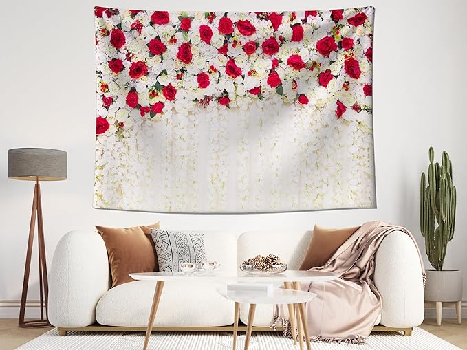 MAEQLQLM 8x6ft Wedding Flower Wall Backdrop Romantic Red White Floral Wall with Hanging Flowers Photography Background for Wedding Party Decor Bridal Shower Photo Booth Props