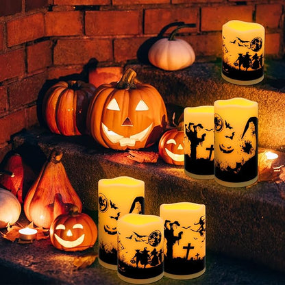 A Set of 6 Halloween-Themed LED flameless Candles, Featuring a timed Remote Control and Halloween-Themed Atmosphere Patterns, Perfect for Trick-or-Treating LED Candles，Halloween Spooky.