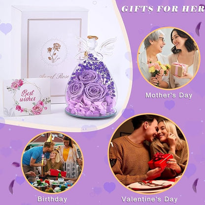 Beferr Christmas Birthday Gifts for Women, Mom Gifts for Christmas Fresh Flowers for Delivery Prime Forever Preserved Rose in Glass Angel, Xmas Gifts for Grandma Wife Sister Her, Lavender Purple