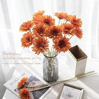 12pcs Artificial Gerbera Daisies,22 Inch Long Stem Silk Daisy Flowers,Realistic Artificial Flower Mums for Home Décor Centerpiece Wreath Supplies Wedding Bouquet,Light Orange