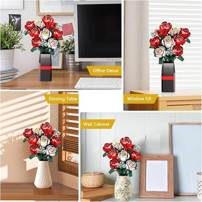 Rose Flower Bouquet Building Kit Gifts for Adults, Kids, Roses Bouquet Building Set, 841PCS Red Roses Artificial Flowers with Vase, Rose Unique DIY Gifts for Women, Anniversaries