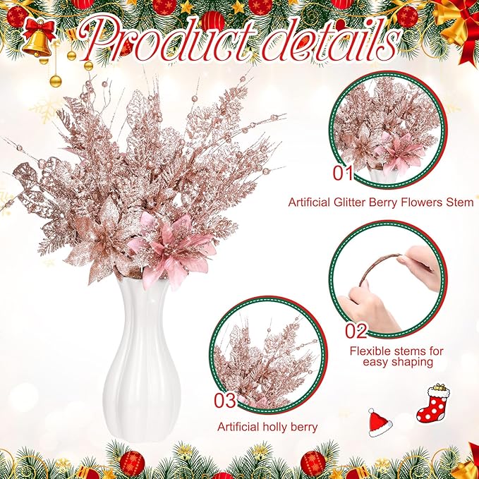 18 Pack 3 Styles 17 Inch Christmas Glitter Poinsettia Berry Stems Ornaments Artificial Floral Branches Picks for Christmas Tree Home Vase Holiday Party Decor(Rose Gold)
