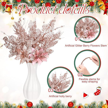 18 Pack 3 Styles 17 Inch Christmas Glitter Poinsettia Berry Stems Ornaments Artificial Floral Branches Picks for Christmas Tree Home Vase Holiday Party Decor(Rose Gold)
