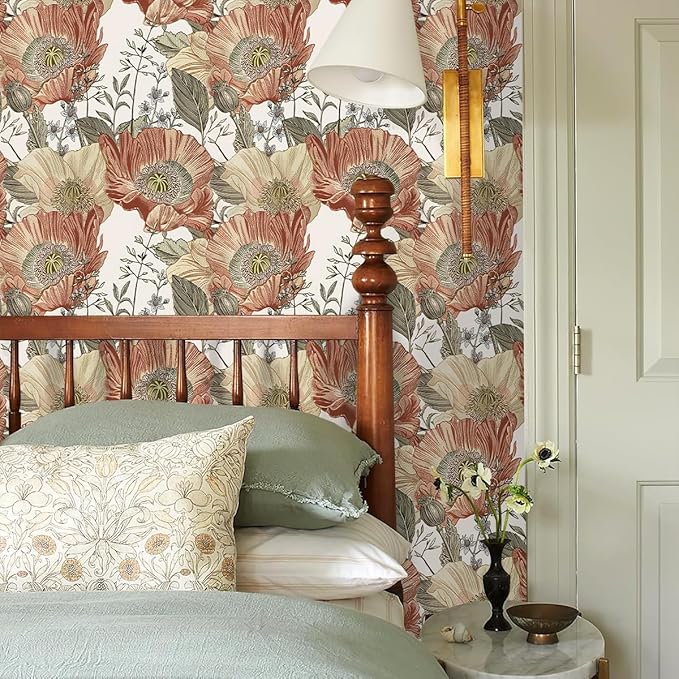 Livebor Floral Wallpaper Peel and Stick Boho Large Floral Peel and Stick Wallpaper Vintage Multicolor Flower Contact Paper 17.7'' x 118.1'' Self Adhesive Wall Paper for Bathroom Wall Covering Decor