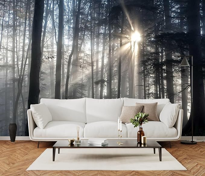 Misty Forest Mysterious Sunrise Mural, Forest Wallpaper Decorative Painting for Living Room, Bedroom, Dining Room Decoration（Non-self-Adhesive）