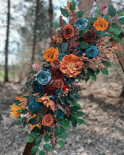 Roses Artificial Flowers Bouquet Box Set Fake Flower for DIY Bridal Wedding Shower Decorations Centerpieces for Table Faux Silk Floral Arrangement for Party Home Decor Indoor Teal Orange