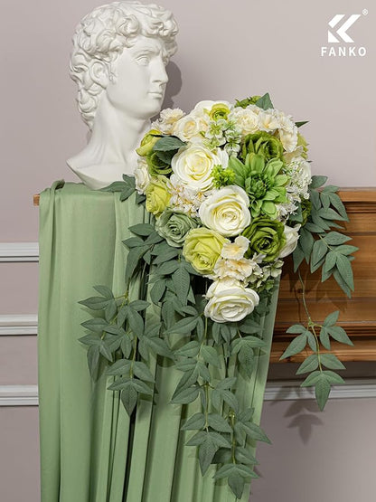 FANKO Artificial Flowers Green Rose, Mixed Silk Fake Flowers Combo Cream White Rose Green Dahlia Vintage Assorted Blooms for DIY Wedding Bridal Bouquets/Centerpieces/Home Decor