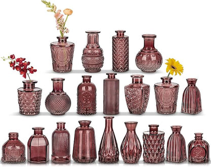 Glass Bud Vases Set of 20, Small Flower Vase in Bulk for Centerpieces, Mini Vintage Wine Red Vases for Rustic Wedding Vintage Home Table Decor