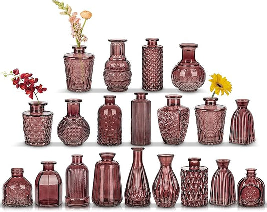 Glass Bud Vases Set of 20, Small Flower Vase in Bulk for Centerpieces, Mini Vintage Wine Red Vases for Rustic Wedding Vintage Home Table Decor