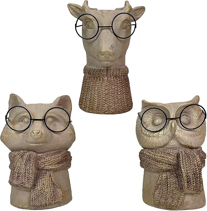 Set of 3 Bespectacled Animal Cement Vases – Fox, Owl, Deer, Gold Accents, Knit Textured Scarves, Real Wire Glasses, Whimsical Decorative Planters for Indoor Plants, Eclectic Gift for Home or Office