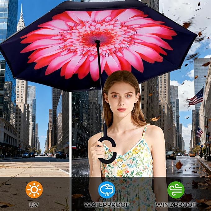 Inverted Umbrella, 49 Inch Double-Layer Vented Reverse Umbrella, Windproof Waterproof UV Protection, Lightweight C-Handle, Fiberglass Ribs, Steel Shaft, Travel/Commute/Car Use, With Sleeve