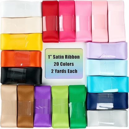 Satin Ribbon 1 Inch Assorted 20 Colors x 2 Yards Colorful Craft Silk Ribbon for Gift Wrapping, Hair Bows, Flower Bouquet, Wedding Decoration,Gift Wrapping, 40 Yards Total