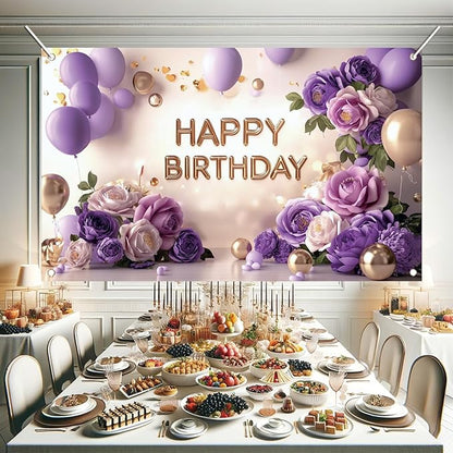Purple Gold Happy Birthday Backdrop Banner Elegant Flowers Balloons Photography Background Glitter Birthday Decorations for Women Girls Party Supplies Photo Booth Props 71x43 Inch