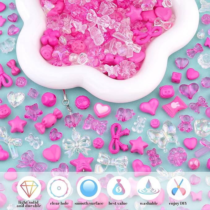 Assorted 200-260PCS Rose Pink Acrylic Beads for Bracelet Making, Flower Bow GummyBear Bracelet Charms,Cute Beads for Jewelry Making DIY Necklace Keychain Phone Charm Christmas Gift