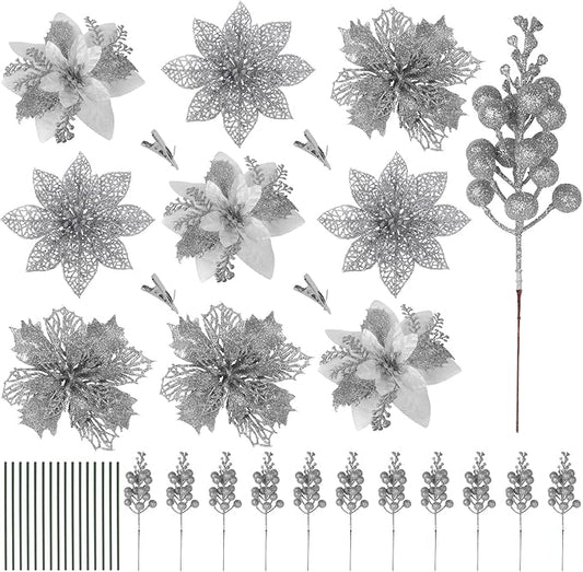 RECUTMS 66 Pcs 3 Styles Silver Christmas Ornaments Christmas Glitter Poinsettia Flowers Artificial Christmas Tree Flower Decorations Wedding Wreath Floral Decorations (Silver)
