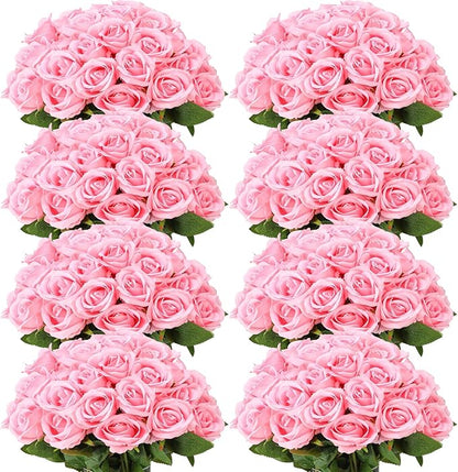 Hotop 120 Pcs Roses Artificial Flowers in Bulk,Long Stem Artificial Flower Bouquet,Silk Real Touch Fake Rose for Wedding Party Table Centerpieces Decor Valentines Gifts(Pink)