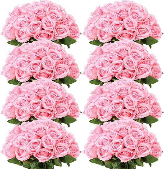 Hotop 120 Pcs Roses Artificial Flowers in Bulk,Long Stem Artificial Flower Bouquet,Silk Real Touch Fake Rose for Wedding Party Table Centerpieces Decor Valentines Gifts(Pink)