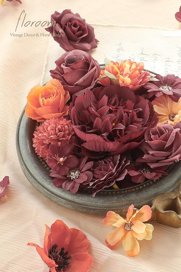 Floroom Mini Artificial Flower Heads Burnt Orange & Burgundy Fake Peony Daisy Rose Multicolor Small Faux Silk Flower Heads for Cake Craft Garland Wedding Party Graduation Cap DIY Home Decoration