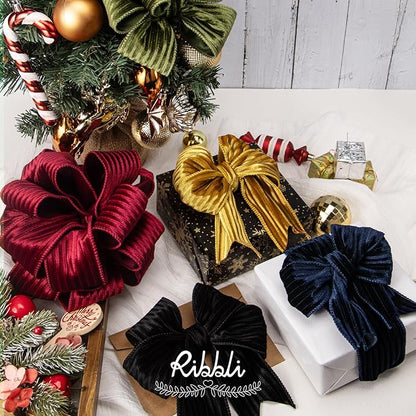 Ribbli Glossy Navy Velvet Wired Ribbon 2.5 Inch Striped Velvet Christmas Ribbon for Gift Wrapping Christmas Tree Decoration Crafts Wreaths Supplies-Continuous 10 Yards
