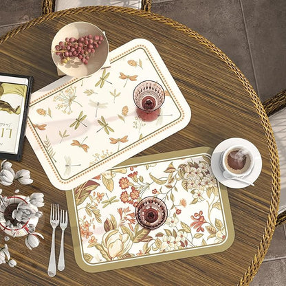 ISAENNE Dragonfly Print PVC Placemats Set of 6,Rectangular Green Placemat, Waterproof and Heat-Resistant Floral Pattern,Decoration for Kitchen,Dinning,Parties, Holiday,12"*17"