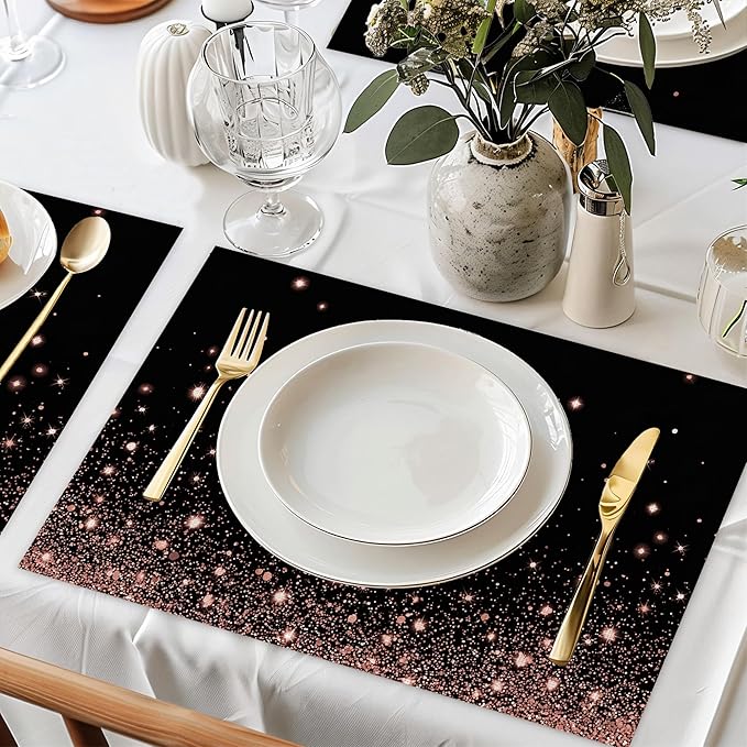 Pink Glitter Heart Placemats Set of 6,Dinner Table Mats Non-Slip Washable Mats for Kitchen Dinner Party Tablemat 12x18Inch