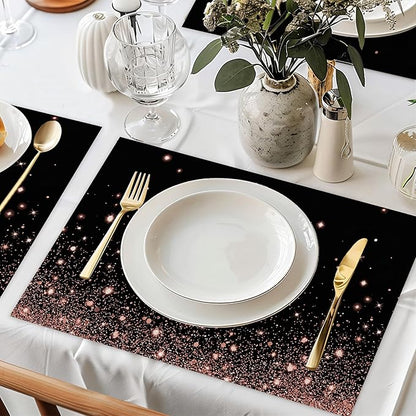 Pink Glitter Heart Placemats Set of 6,Dinner Table Mats Non-Slip Washable Mats for Kitchen Dinner Party Tablemat 12x18Inch
