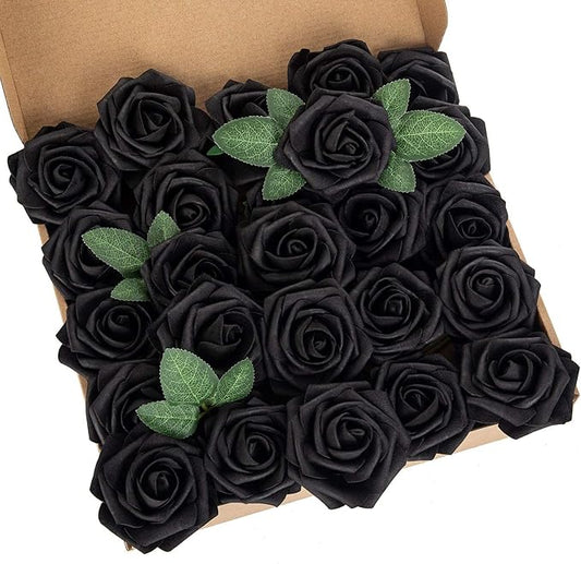 25pcs Artificial Flower Foam Rose Real Touch Roses Flower Heads with Stem for DIY Wedding Bouquets Centerpieces Arrangements Party Baby Shower Home Decor (Black)