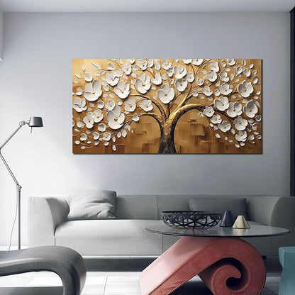 Large Wall Art for Living Room Bedroom Office Tree Art Wall Decor Gold Artwork Tree of Life Wall Art White Flower Framed Wall Decor Modern Canvas Prints 29x59 In