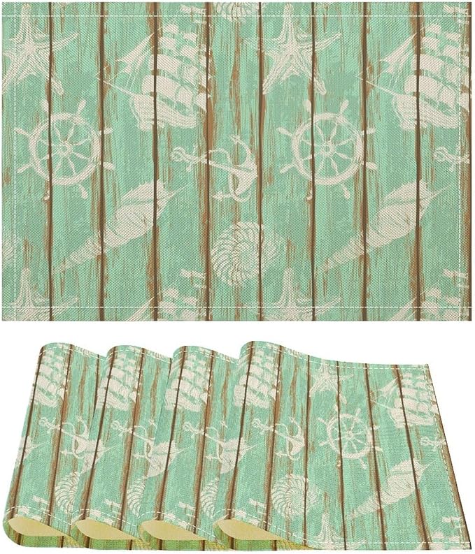 Nautical Theme Placemats Rustic Retro Wooden Board Anchor Starfish Shells Art Printed Dining Table Mats Set of 4 for Restaurant Home Kitchen Holiday Decor 12x18in