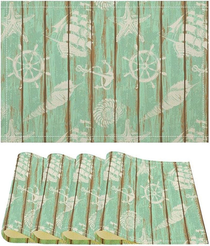 Nautical Theme Placemats Rustic Retro Wooden Board Anchor Starfish Shells Art Printed Dining Table Mats Set of 4 for Restaurant Home Kitchen Holiday Decor 12x18in