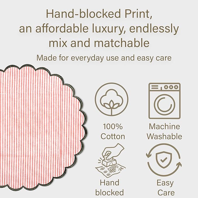 Ridhi Valentine Love Gift Round Pink Stripe Place Mat Double Layer Floral Cotton Washable Placemats 15" Embroidery Block Print Table Mat Pack of 4-15 Inch Heart