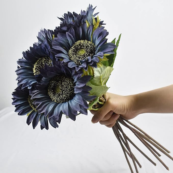 Blue Artificial Sunflower Flowers 8 Pcs Single Long Stem Silk Fake Sunflowers Bridal Wedding Bouquet Fake Yellow Flower Arrangements for Outdoor