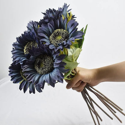 Blue Artificial Sunflower Flowers 8 Pcs Single Long Stem Silk Fake Sunflowers Bridal Wedding Bouquet Fake Yellow Flower Arrangements for Outdoor