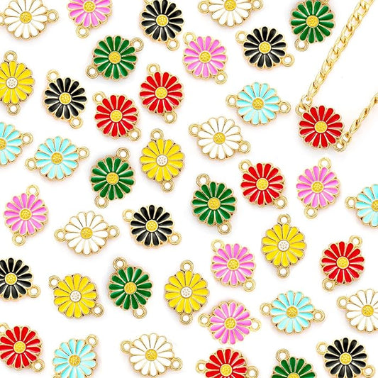 70Pcs 7 Colors Enamel Daisy Flower Charms for Jewelry Making Gold Plated Sunflower Charm Spring Summer Floral Pendant for Bracelet Necklace Earrings Keychains DIY Craft Supplies Accessories-13mm