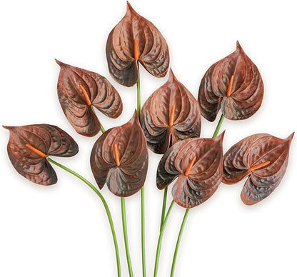 Real Touch Anthurium Artificial Flowers, 8pcs Brown Faux Tropical Flowers with Stems for Boho Wedding Bouquets, Rust Fall Centerpieces & Jungle Party Decoration